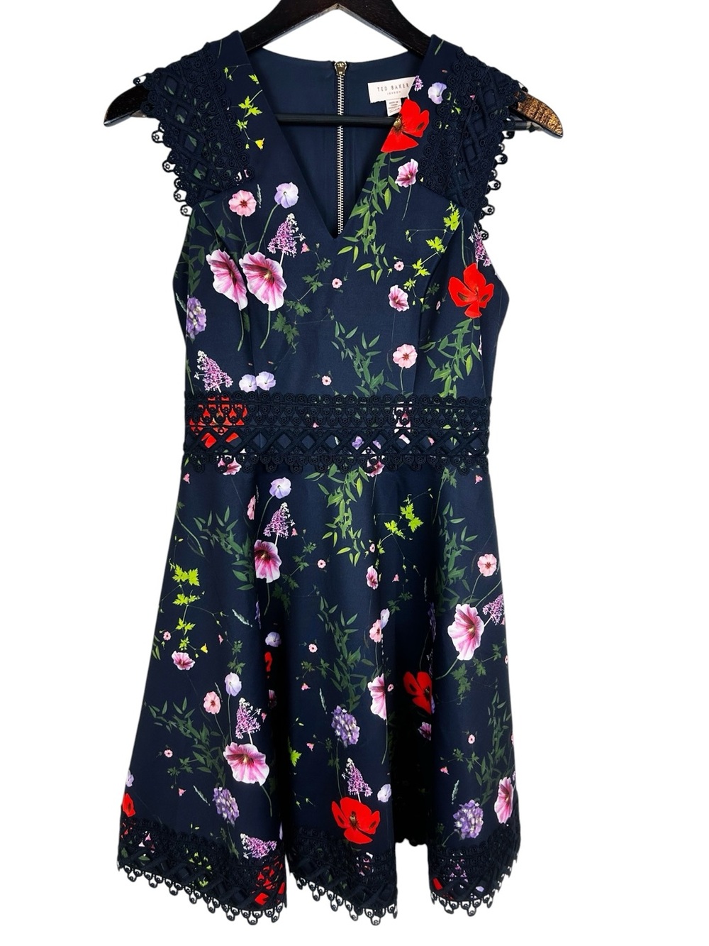 Ted Baker Mayo Hedgerow Skater Floral Dress Size 2 Navy Blue Floral